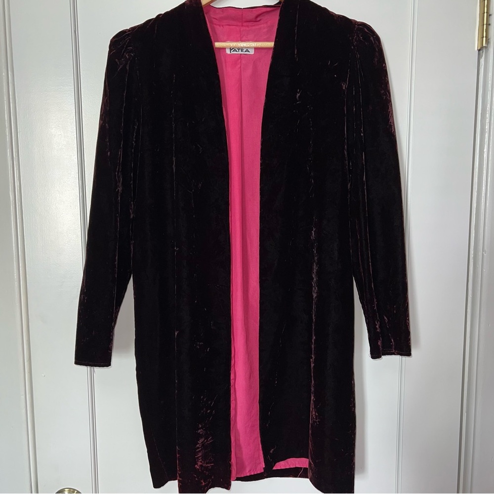 ViNtAgE Patra Maroon Velvet Blazer Jacket with Hot Pink Lining and Shoulder Pads
